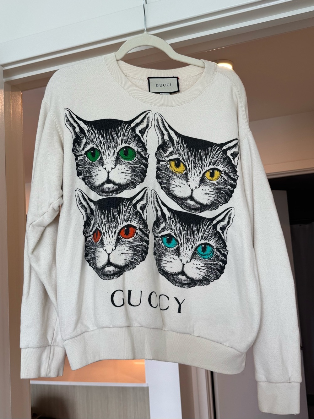 Gucci White Sweatshirt with Four Cat Faces and Multicolored Eyes